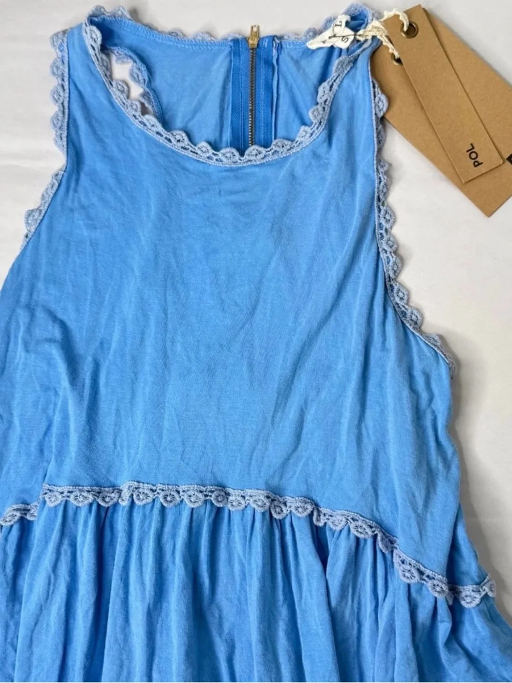 NWT POL Blue Lace Trim Babydoll Tunic Mini Dress Boho Top - Picture 7 of 7